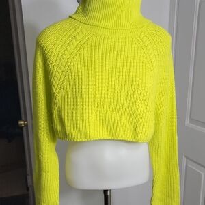 Neon Lime Green Ribbed Knit Oversized Boxy Crop Sweater Turtle Neck